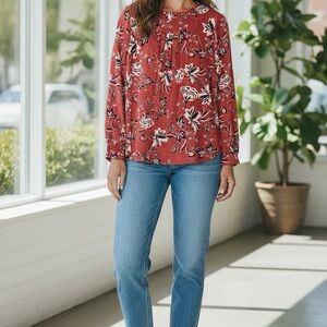 NYDJ Women’s Sz Large Simone Long  Sleeve Blouse Rose Floral Print New With Tag